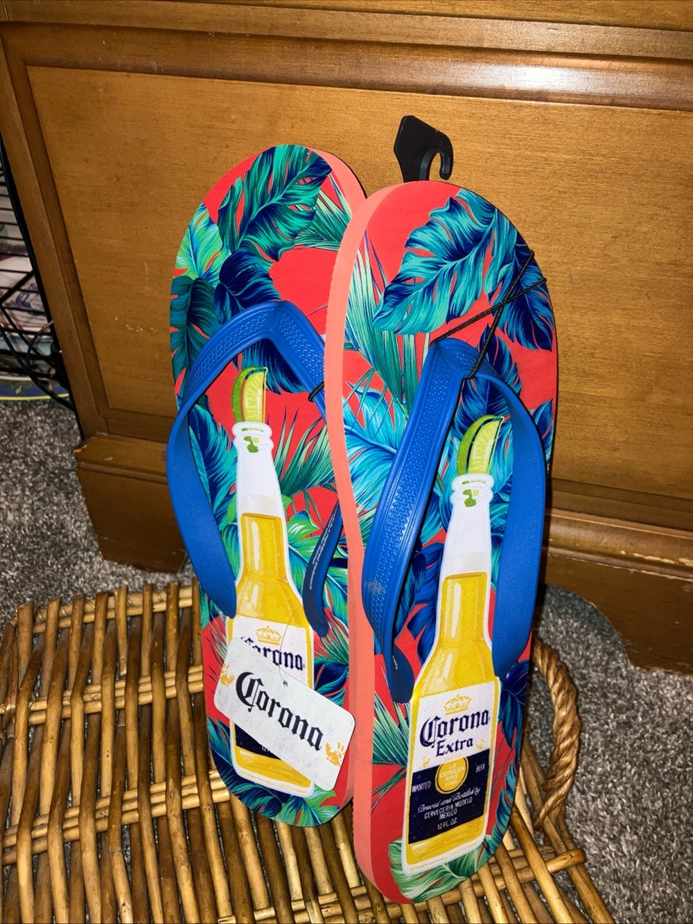 Corona Tropical Leaf Flip Flops in Blue and Red